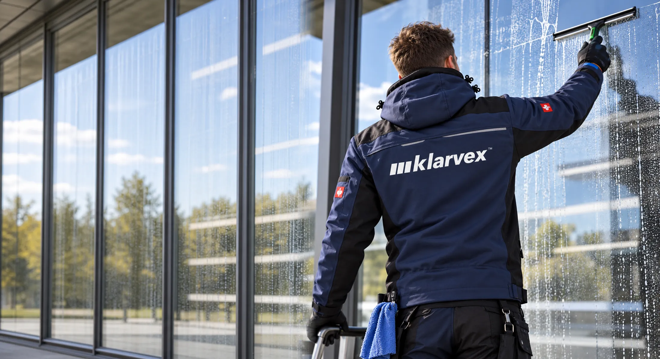 klarvex-Mitarbeiter reinigt eine große Glasfläche mit dem Abzieher
